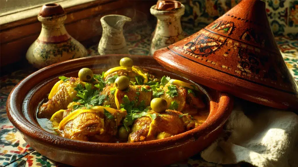 Moroccan chicken tagine with olives and preserved lemons cooked in a traditional clay tagine pot.