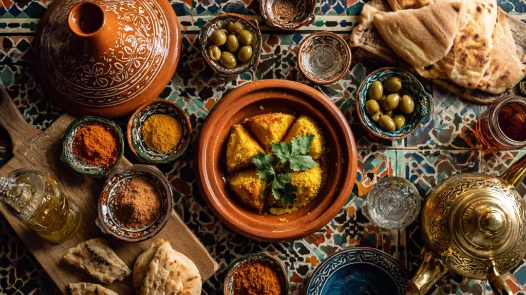 Moroccan recipes spread with traditional tagine, couscous, olives, spices, and flatbread on a colorful Moroccan mosaic table.