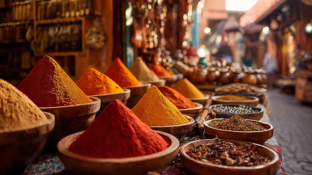 Colorful Moroccan spices displayed in wooden bowls at a traditional Moroccan spice market.
