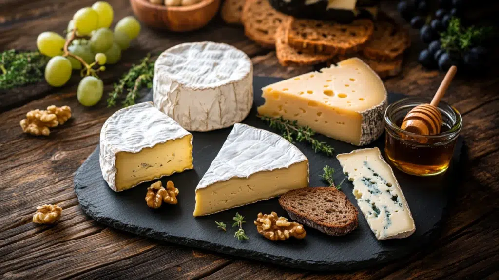 french cheese guide board with camembert comté roquefort chèvre and époisses on slate with honey walnuts and grapes