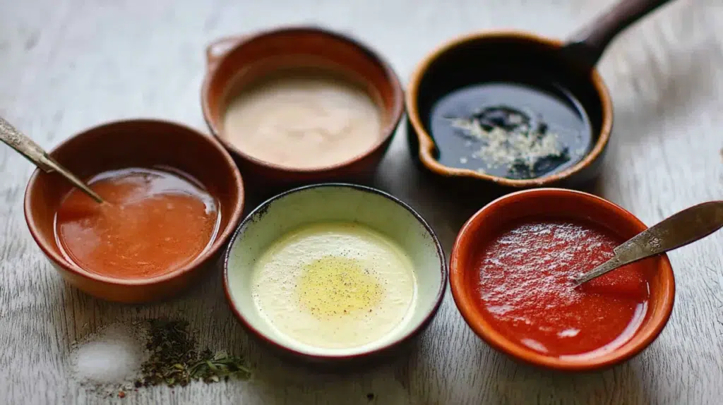 french sauces hollandaise bechamel demi-glace in copper saucepan with egg yolks lemon and butter on marble