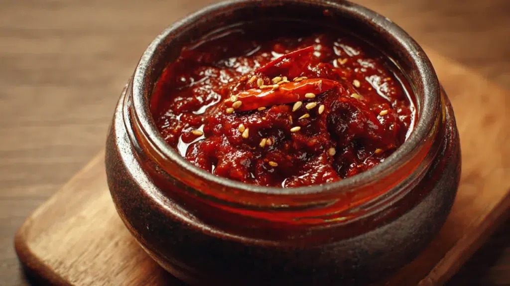 what is gochujang red pepper paste in ceramic pot with wooden spoon and fresh red chiles