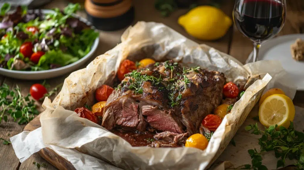 greek lamb recipes kleftiko in opened parchment parcel showing fall-apart slow-braised shoulder