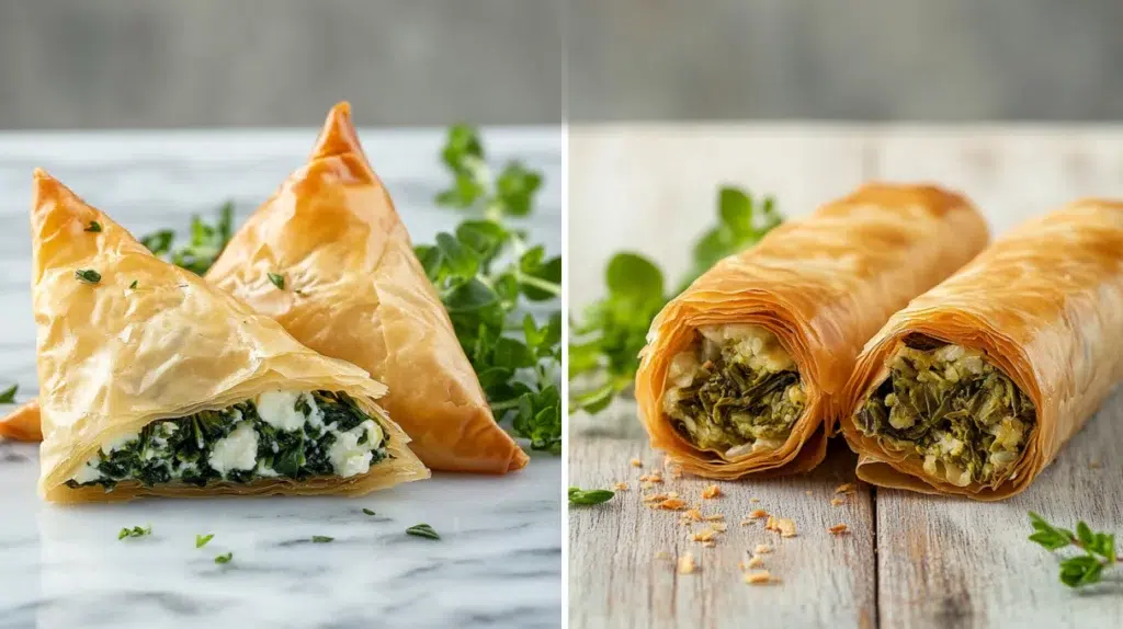 greek vs turkish food spanakopita and borek phyllo pastry comparison on marble