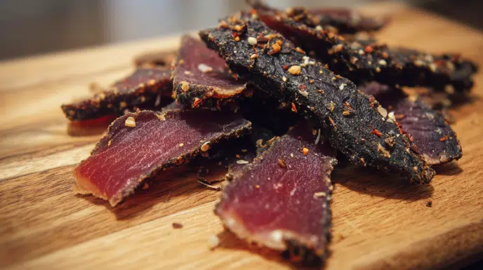homemade biltong on wooden board showing dark exterior pink interior coriander and pepper crust