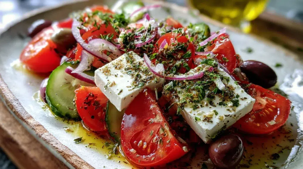authentic greek salad horiatiki with feta slab tomato cucumber kalamata olives and olive oil