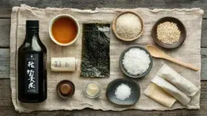 japanese pantry essentials flat lay with soy sauce miso mirin kombu katsuobushi rice vinegar nori and kewpie mayo on linen