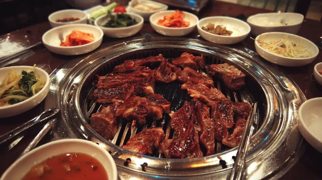 korean bbq at home with samgyeopsal pork belly on charcoal grill and ssam wraps