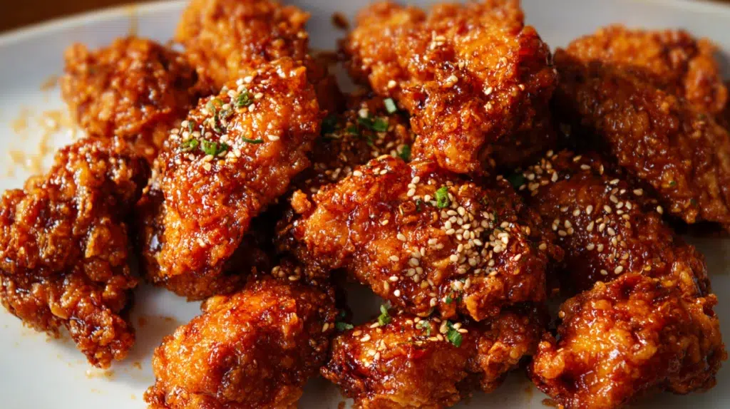 korean fried chicken with soy garlic and gochujang glaze sesame seeds on dark ceramic plate