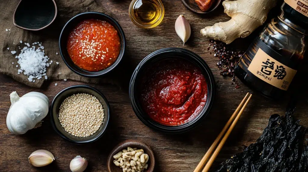 korean pantry essentials gochujang doenjang sesame oil gochugaru and dried anchovies on linen