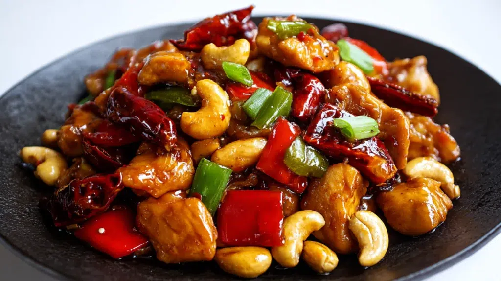 Kung Pao chicken stir-fry with tender chicken, peanuts, chili peppers, and vegetables in a glossy sauce