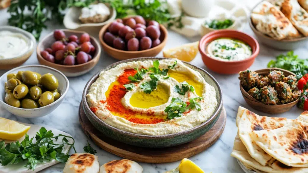 lebanese recipes mezze spread with hummus baba ganoush fattoush kibbeh and pita on marble