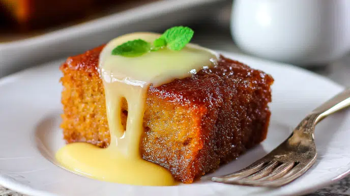 malva pudding recipe in ceramic bowl with apricot syrup cream sauce and melting ice cream