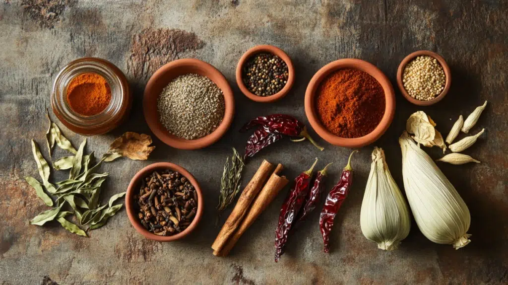 mexican pantry guide with dried chiles ancho pasilla chipotle and spices on linen