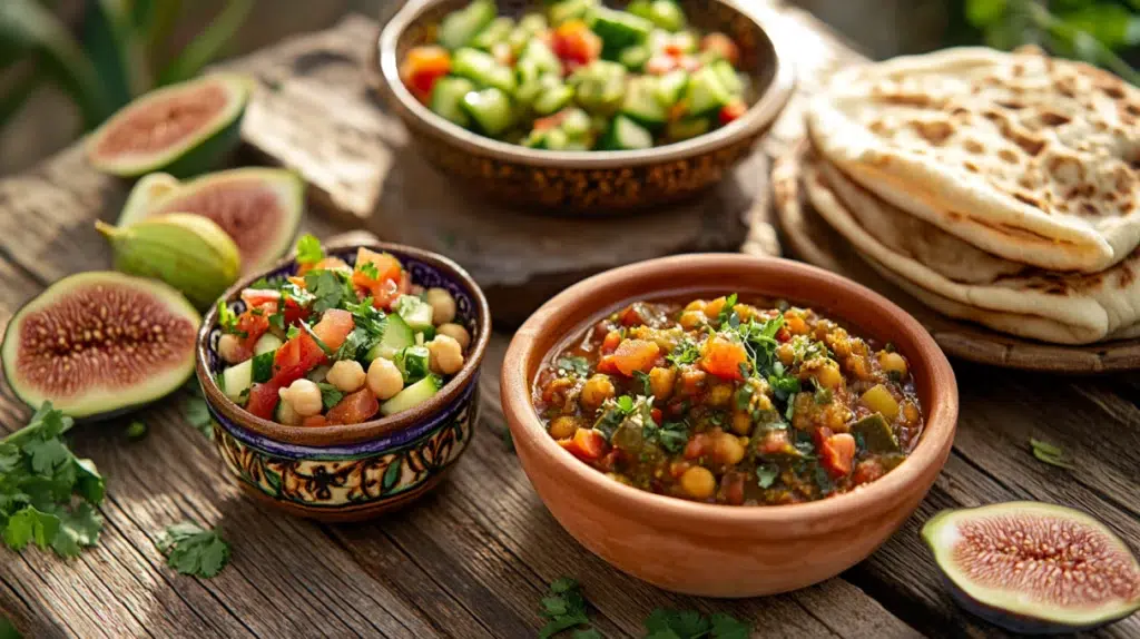 moroccan vegetarian recipes spread with zaalouk chickpea tagine and flatbread