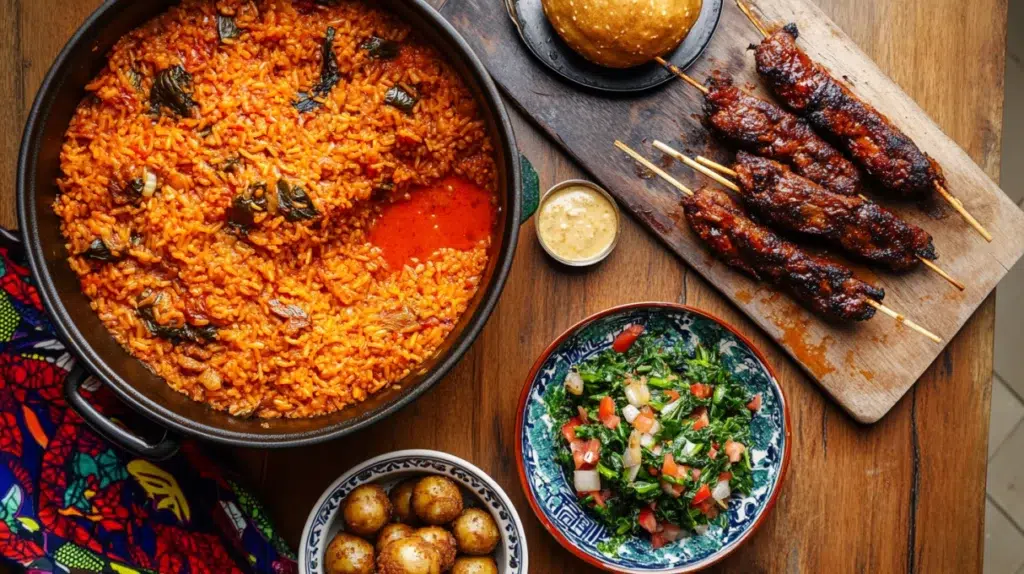 nigerian recipes spread with party jollof rice egusi soup suya skewers and puff puff on wooden table with african fabric
