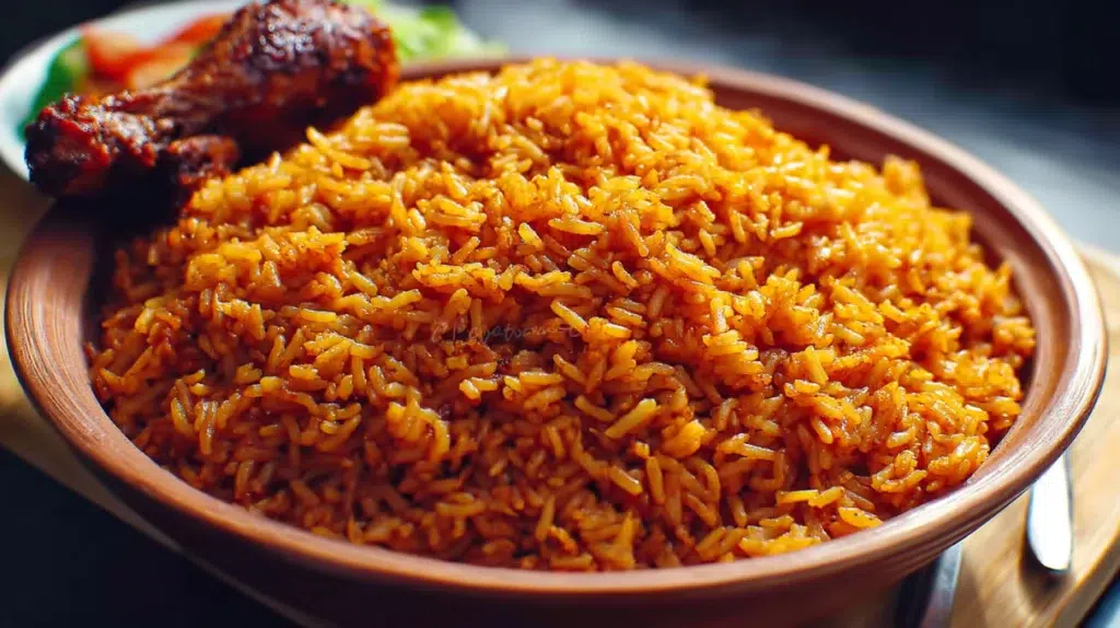 nigerian jollof rice being scooped from cast iron pot showing deep orange rice and golden smoky bottom crust with fried plantain and chicken alongside