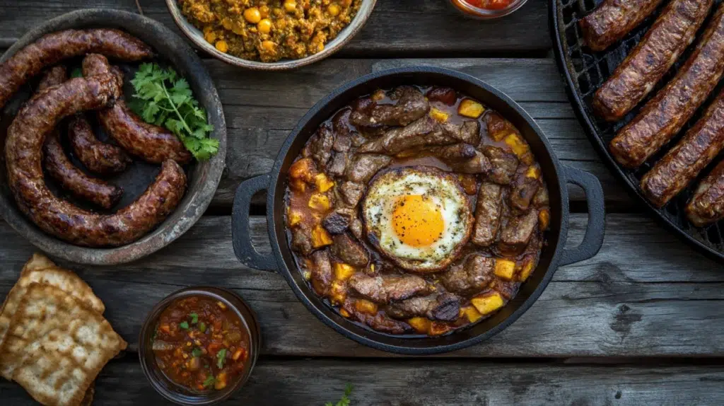 south african recipes spread with braai boerewors bobotie biltong and chakalaka on wooden table