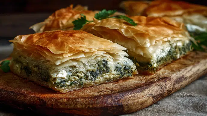 spanakopita recipe freshly baked on tray with golden shattered phyllo and spinach feta filling