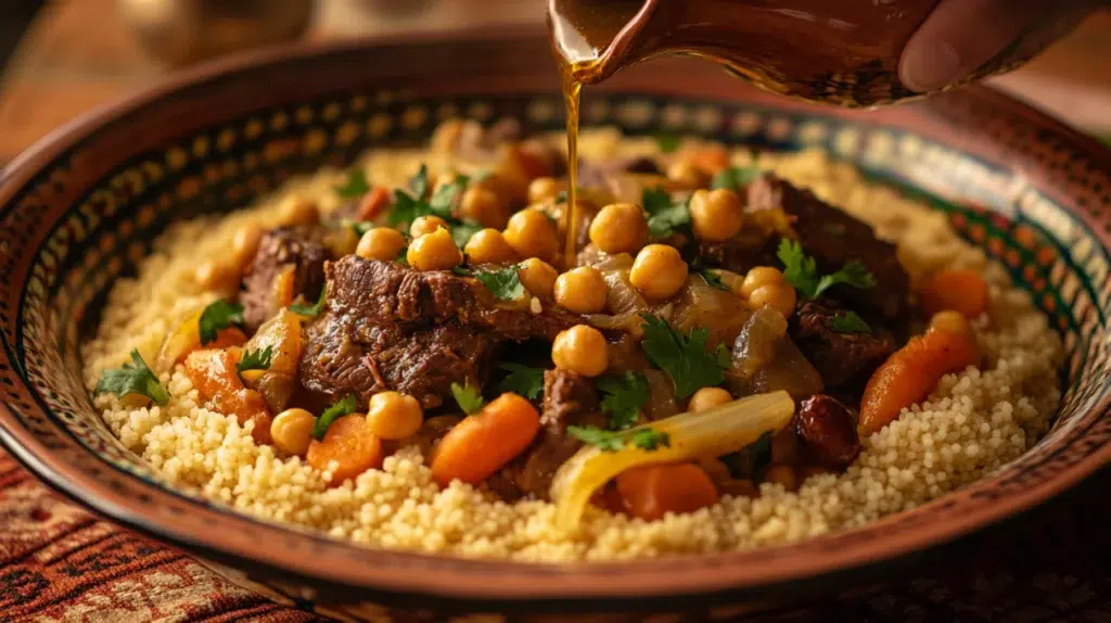 authentic moroccan couscous with braised lamb chickpeas and caramelized onions on ceramic platter