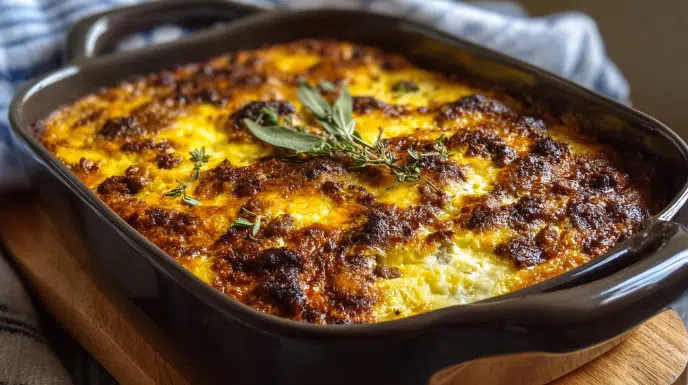 bobotie recipe in ceramic dish with golden egg custard bay leaves and yellow rice beside it