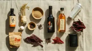 chinese pantry essentials flat lay with light and dark soy sauce doubanjiang shaoxing wine oyster sauce hoisin sichuan peppercorns five spice and sesame oil on linen