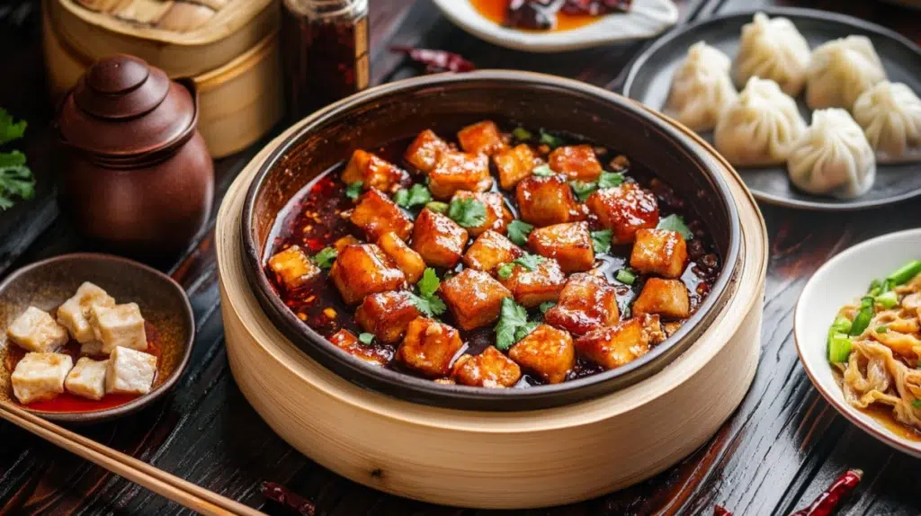 chinese recipes spread with red braised pork belly mapo tofu har gow dumplings and stir fried vegetables on dark lacquered table