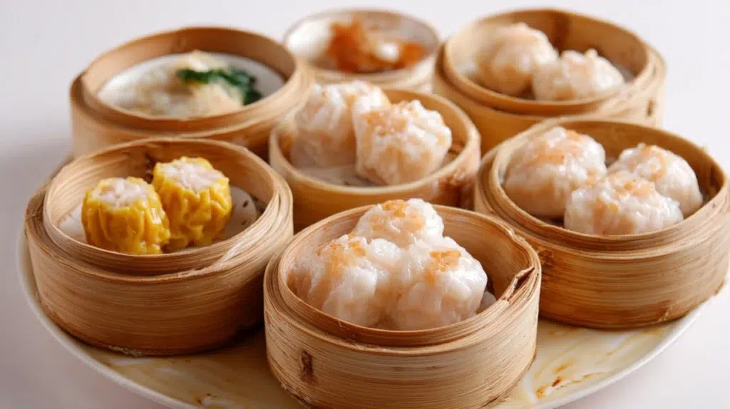 dim sum at home spread with siu mai potstickers and char siu bao in bamboo steamer with dipping sauce and tea on dark wooden table