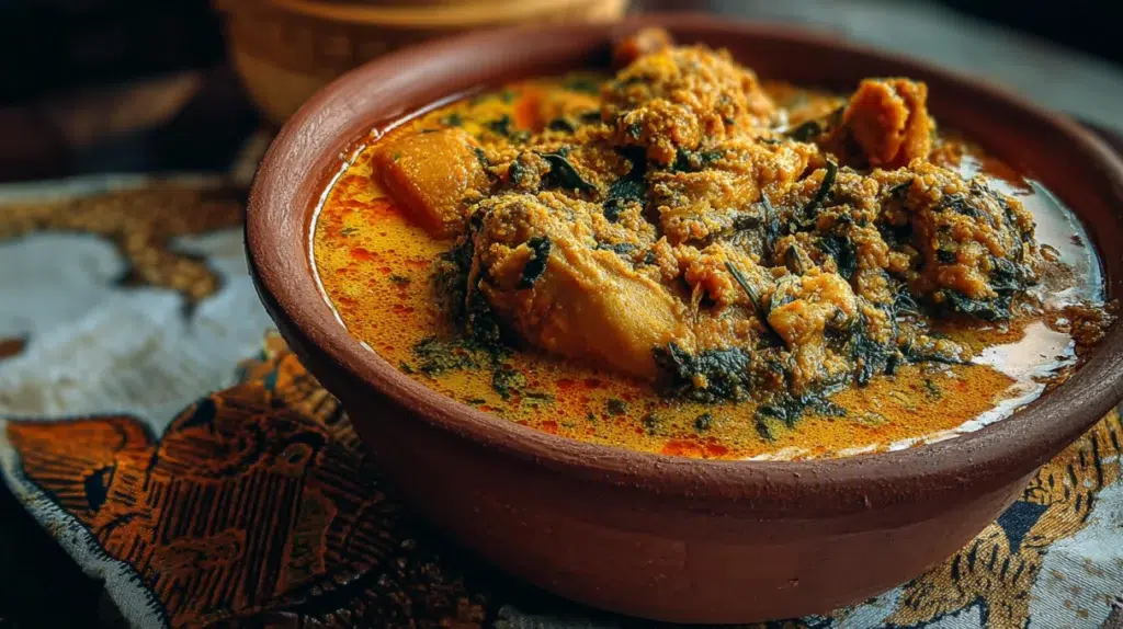 egusi soup recipe in ceramic bowl with golden egusi clumps beef stockfish and spinach in palm oil broth with pounded yam alongside