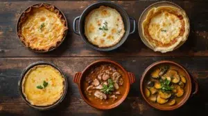 french classic recipes six dishes quiche coq au vin ratatouille soupe à l'oignon crêpes boeuf bourguignon on wooden table