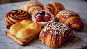 french pastry recipes tarte tatin croissants madeleines crème brûlée and éclair on stone surface