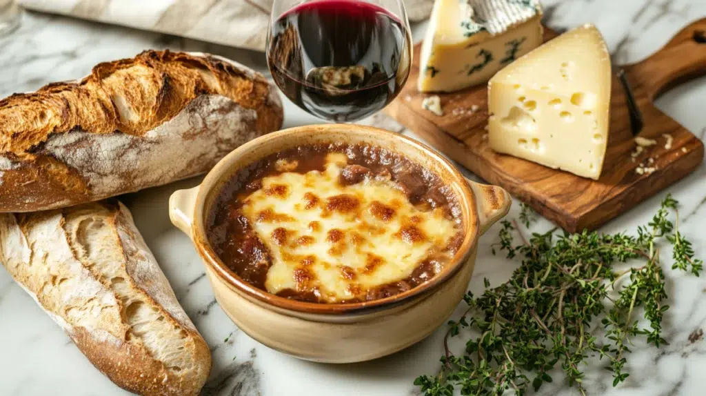 french recipes spread with soupe à l'oignon coq au vin baguette and three cheeses on marble counter
