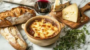 french recipes spread with soupe à l'oignon coq au vin baguette and three cheeses on marble counter