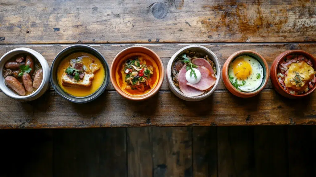 french regional cuisine six dishes bouillabaisse boeuf bourguignon choucroute salade lyonnaise galette duck confit on oak table