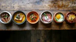 french regional cuisine six dishes bouillabaisse boeuf bourguignon choucroute salade lyonnaise galette duck confit on oak table