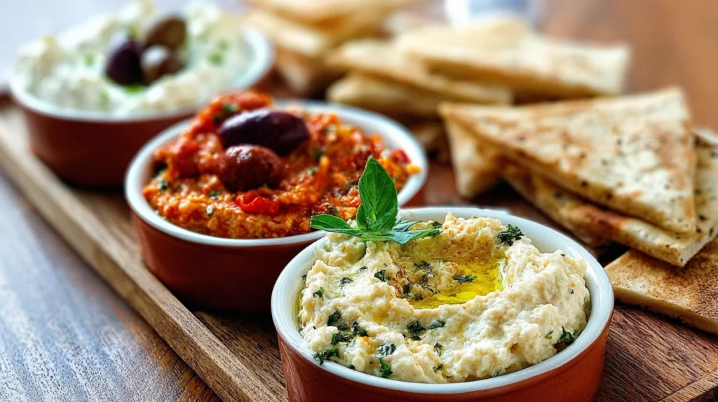 greek dips recipes tzatziki taramosalata and skordalia in ceramic bowls with warm pita