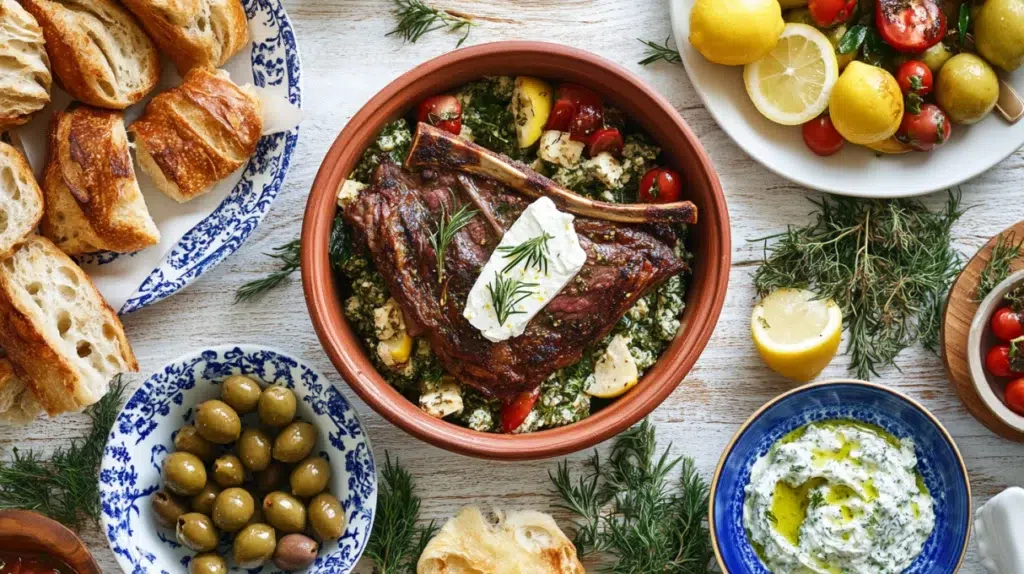greek recipes feast with roast lamb horiatiki salad spanakopita and tzatziki on stone surface