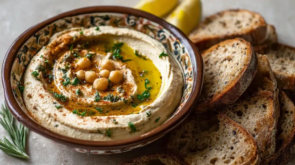 authentic hummus recipe on ceramic plate with olive oil aleppo pepper chickpeas and pita