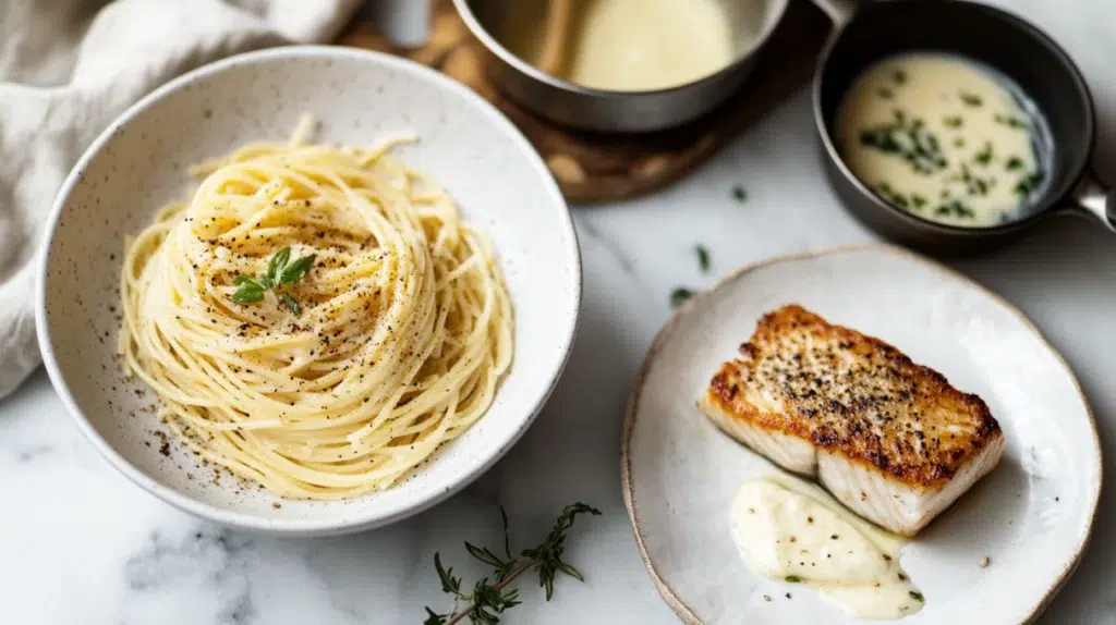 italian vs french food cacio e pepe pasta and french beurre blanc fish comparison on marble