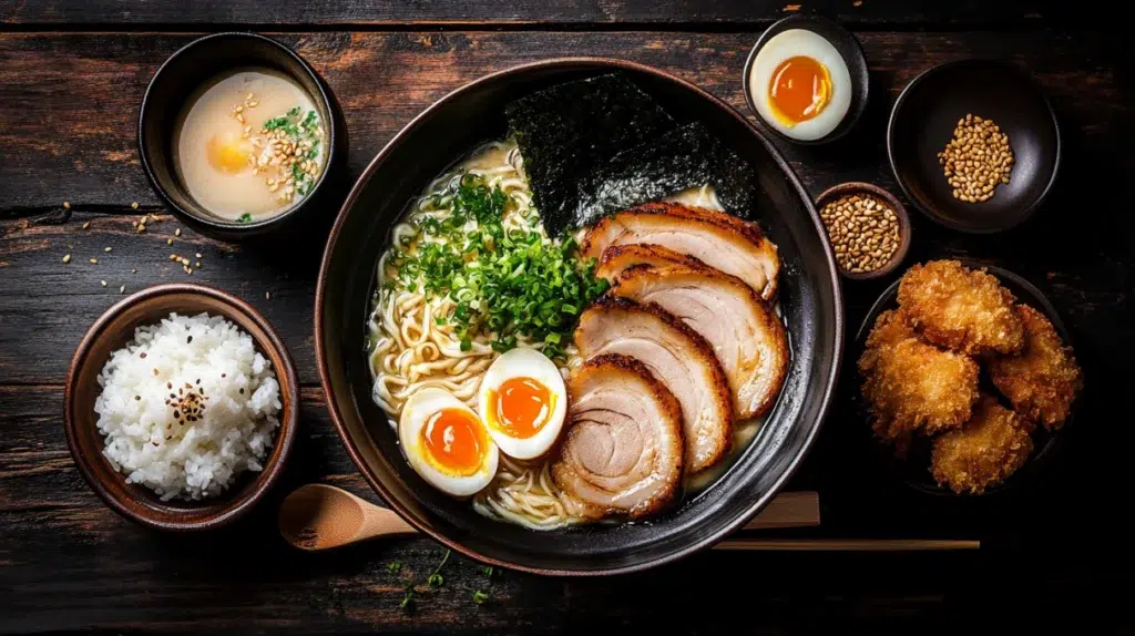 japanese recipes spread with tonkotsu ramen karaage chicken miso soup rice and tamagoyaki on dark wooden table