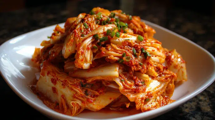 kimchi recipe in glass jar showing red fermented napa cabbage with gochugaru and scallions
