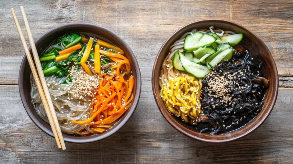 korean noodle recipes japchae glass noodles and jajangmyeon black bean noodles side by side