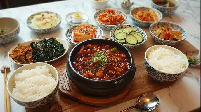korean recipes spread with bibimbap kimchi banchan and sundubu jjigae on wooden table