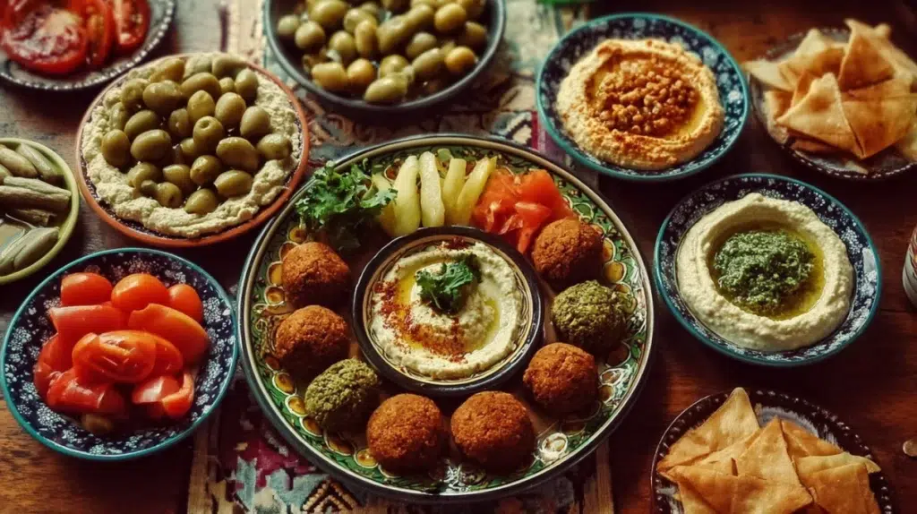 lebanese mezze recipes overhead view with tabbouleh muhammara labneh kibbeh and pickled turnips