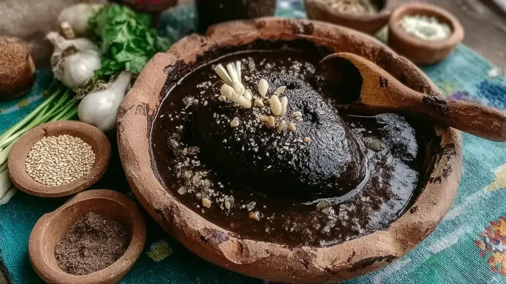 mole negro recipe in clay pot with turkey sesame seeds and dried chiles