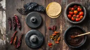 mexican cooking techniques four stages showing dried chiles on comal charred tomatoes in molcajete tortilla press and dark mole in clay cazuela