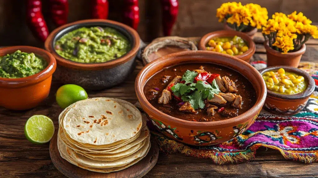mexican recipes spread with mole negro corn tortillas guacamole and salsas on wooden table