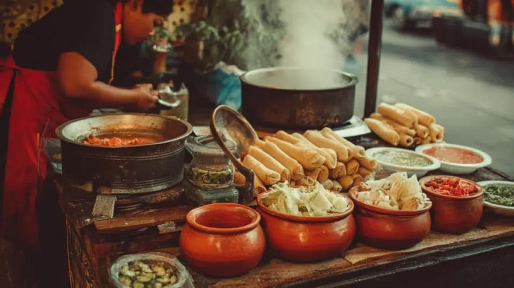 mexican street food recipes with al pastor tacos elote and tamales on stone surface