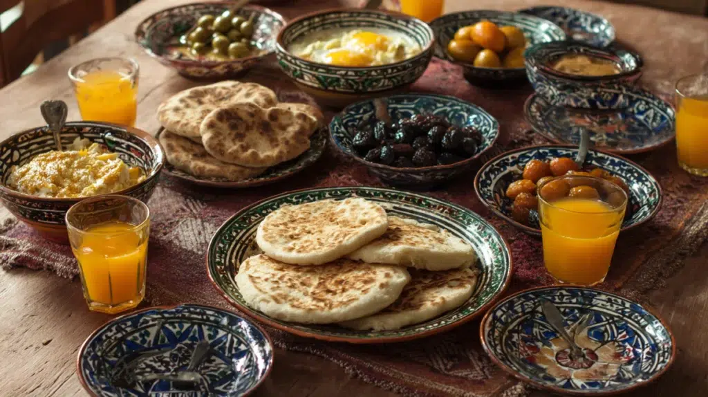 moroccan breakfast recipes with msemen baghrir mint tea and honey on painted tray