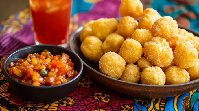 nigerian snack recipes puff puff akara and chin chin arranged on african wax print cloth with tomato dipping sauce